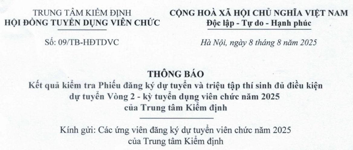 Trung tâm Kiểm định thuộc Cục Chuyển đổi số thông báo kết quả kiểm tra Phiếu đăng ký dự tuyển và triệu tập thí sinh đủ điều kiện dự tuyển Vòng 2 - kỳ tuyển dụng viên chức năm 2025
