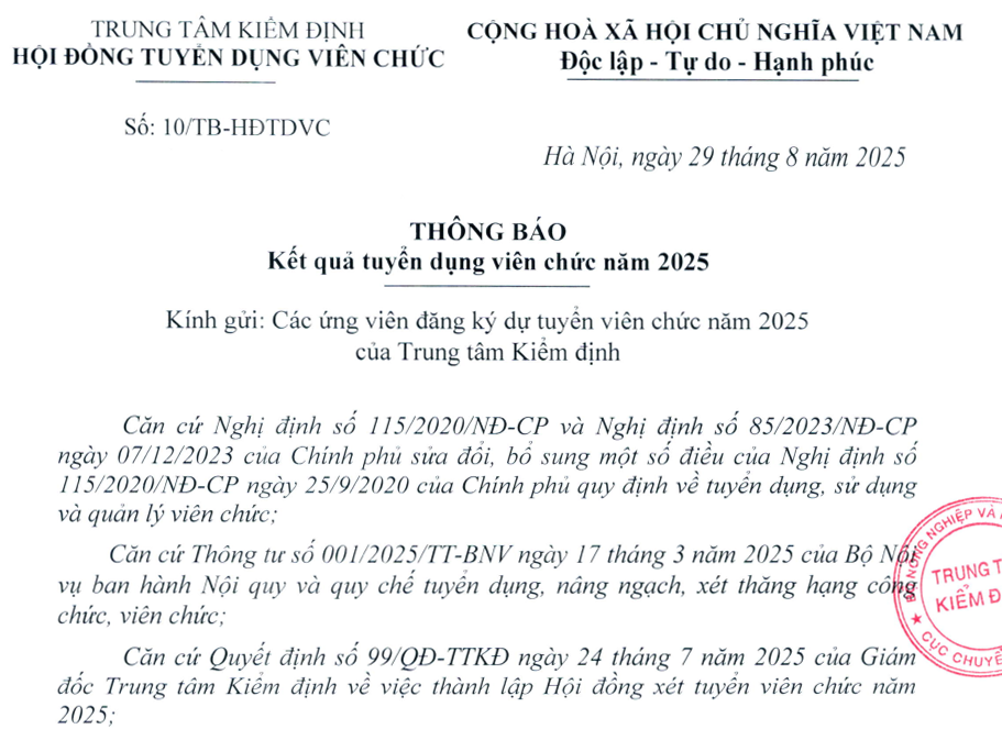 Trung tâm Kiểm định - Cục Chuyển đổi số thông báo kết quả tuyển dụng viên chức năm 2025